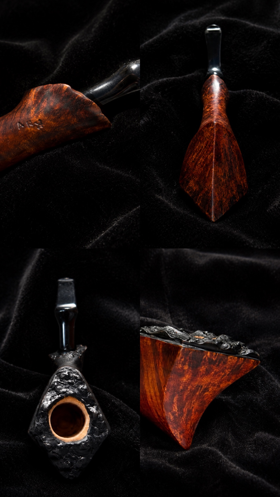Four detailed views of a handmade briar pipe